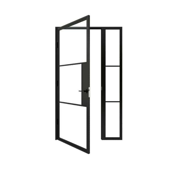 Partially open steel and glass interior door with black frame, rectangular panels, and right-side handle.