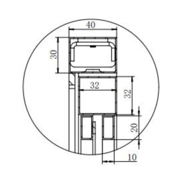 Technical drawing: rectangular part (40, 30, 32, 20, 10 units) in a circle for steel & glass interior doors.