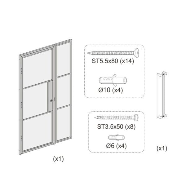 Diagram of customizable steel & glass door system with frame, handle, screws, and wall anchors, all labeled by type and quantity.
