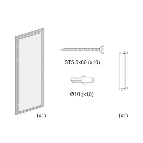Diagram labels: 1 rectangular frame, 10 ST5.5x80 screws, 10 Ø10 wall plugs, and 1 narrow bracket for swing door assembly.