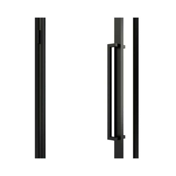 Matte black clear-glass steel swing door handle shown from front and side on a white background.