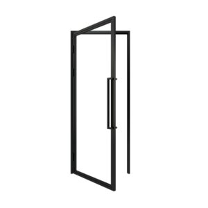 Partially open matte black clear-glass steel swing door with sleek frame and modern design.