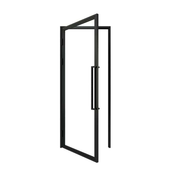 Partially open matte black clear-glass steel swing door with sleek frame and modern design.