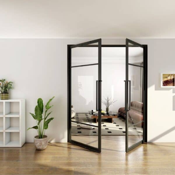 Modern living room with Double Steel-Framed Glass Doors, plant, white shelving, couch, and coffee table on patterned rug.