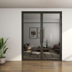 Steel-framed glass doors, bulk-packaged, open to a modern living room with brown sofa, art, and a potted plant.