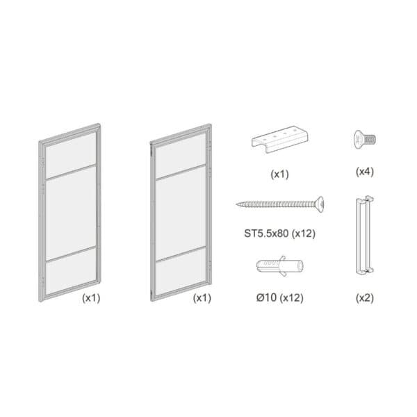 Assembly diagram for Double Steel-Framed Glass Door Set, with labeled parts: frames, bracket, screws, nails, connector, rods.