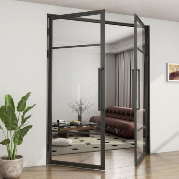 Steel-framed glass doors open to a modern living room with a brown sofa, glass table, potted plant, and wall art.