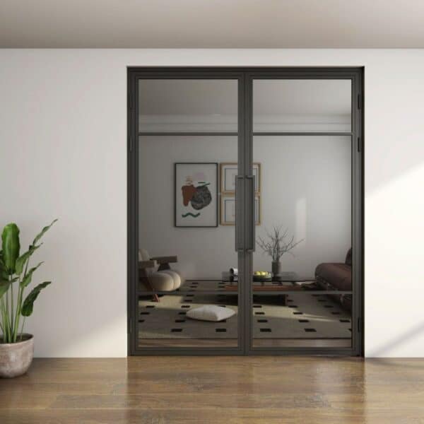 Steel-framed glass doors, bulk-packaged, open to a modern living room with brown sofa, art, and a potted plant.