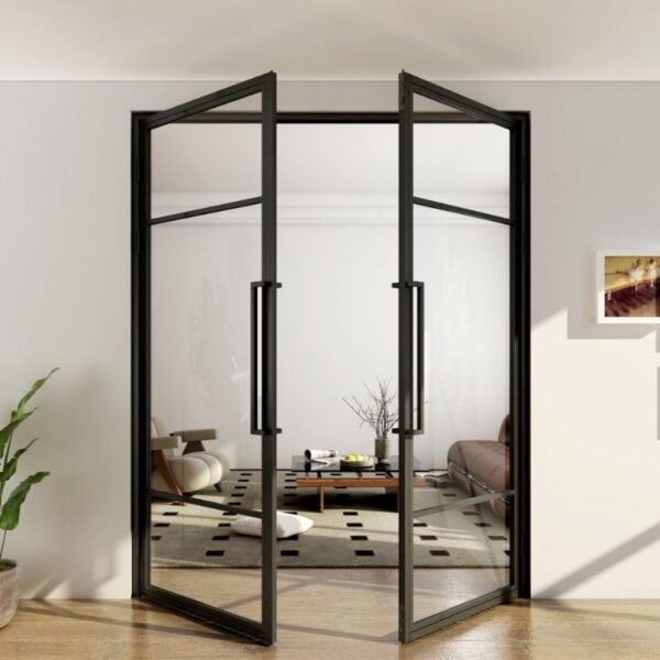 Steel-framed glass doors open to a modern living room with brown sofa, coffee table, rug, plant, and wall photo. Bulk packaged.