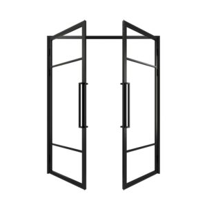 Double steel-framed glass doors with black frames and tall handles, open on white. Bulk shipping available.