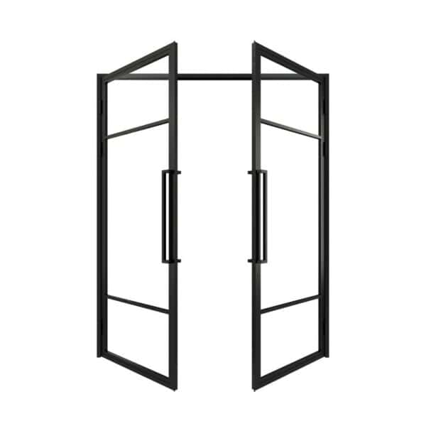 Double steel-framed glass doors with black frames and tall handles, open on white. Bulk shipping available.