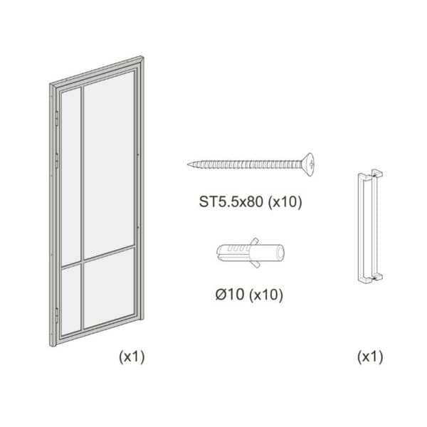Parts for assembling steel French door: glass panel, 10 screws, 10 wall plugs, and a black powder coat bracket.