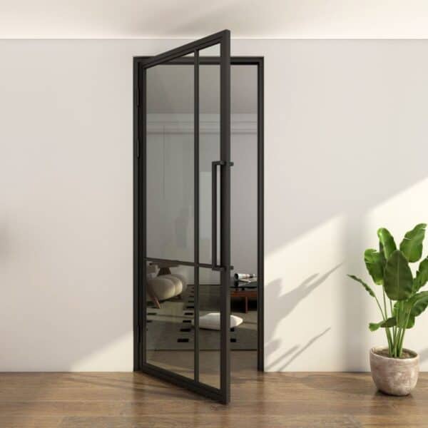 Open steel French door with clear glass in a white room, wood floor, and a green potted plant in the corner.