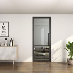 Modern room with Commercial Steel French Door, white sideboard, decor accents, potted plant, and wall art on white wall.