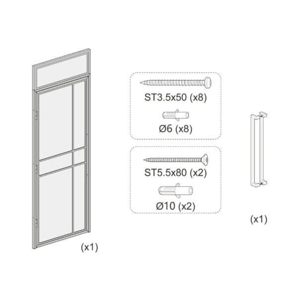 Line drawing of single-leaf steel & glass door with fanlight, frame, handle, screws, and quantity markers. Customizable & bulk.