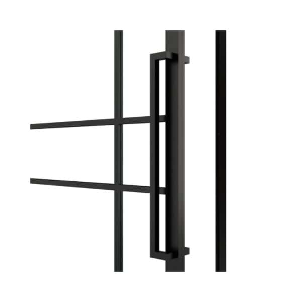 Single-leaf steel & glass door with fanlight, black metal handle, geometric bars; modern style on white background.