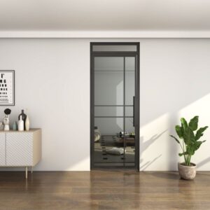 Steel & glass door with fanlight in white wall; sideboard left, potted plant right on wooden floor.