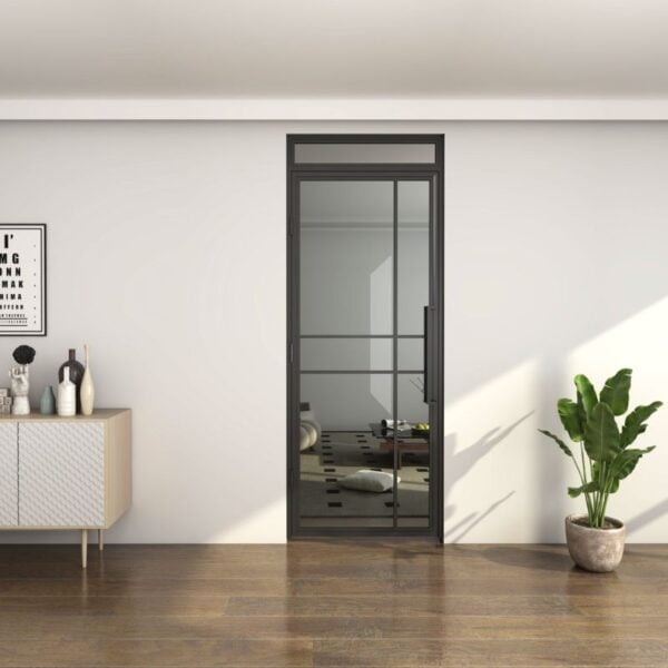 Steel & glass door with fanlight in white wall; sideboard left, potted plant right on wooden floor.
