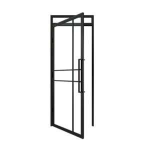 Black steel & glass single-leaf door with fanlight, partially open in matching frame. Bulk orders available.