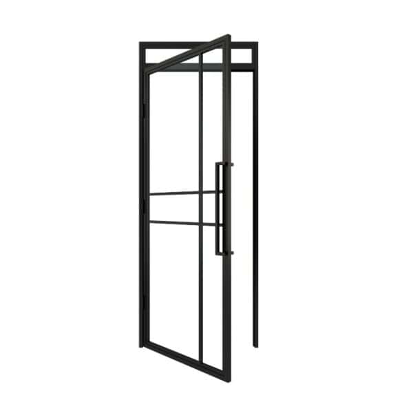 Black steel & glass single-leaf door with fanlight, partially open in matching frame. Bulk orders available.