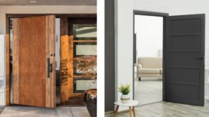 Stylish wooden barn door with sleek black hardware, perfect for rustic or contemporary home interior decor. Durable, high-quality craftsmanship ideal for enhancing entryways.