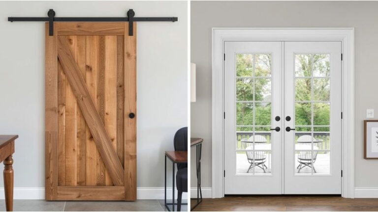 Image of a wooden barn door on a sliding track and a white French door with glass panels in a modern interior setting.