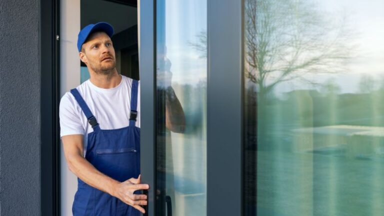 Technician inspecting a sliding barn door to identify issues causing it not to slide smoothly, focusing on hinges, tracks, and hardware for proper maintenance.