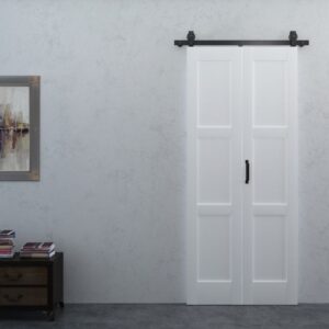 Elegant 36x84 inch white PVC bifold door featuring a sleek surface finish, ideal for modern interiors. Includes hardware for easy installation and smooth operation, perfect for space-saving room divid.