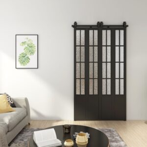 Modern interior featuring Tengyu black sliding barn door with glass panels, complementing minimalist decor and adding functional style to the living space.