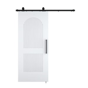 White 36x84 two-panel arch barn door with black hardware, ideal for rustic or modern interior spaces, featuring a stylish design and durable construction.