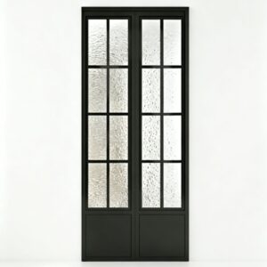 Modern black framed glass door with textured glass panels, ideal for contemporary interior or exterior design, providing privacy and style.