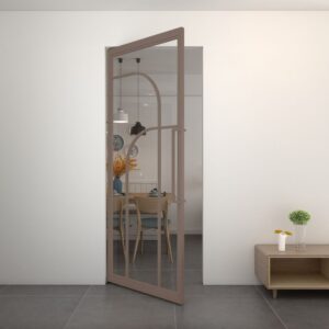 Elegant wooden frame interior screen door with glass panels, ideal for enhancing home decor and providing a stylish separation between living spaces.