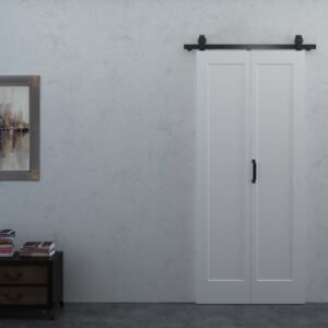 White bifold molded door with black hardware, ideal for interior spaces, featuring a primed surface ready for painting, with assembly required.