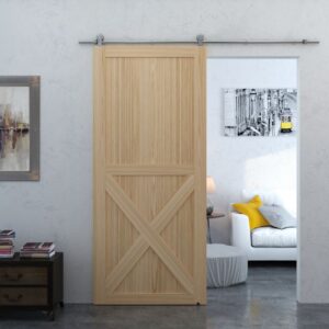 Sliding barn door hardware kit for heavy-duty single doors, featuring durable stainless steel track and rollers for smooth operation and modern rustic style.