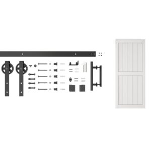 Complete DIY barn door hardware kit with white PVC sliding door and all necessary installation components for easy assembly.