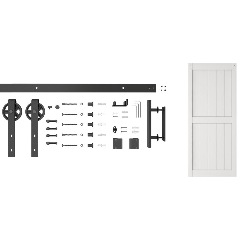 Complete DIY barn door hardware kit with white PVC sliding door and all necessary installation components for easy assembly.