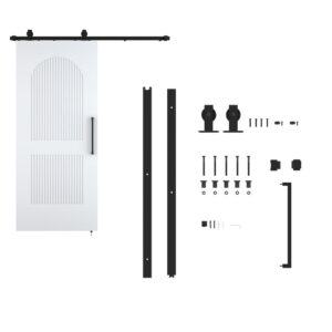 Barn door kit components including sliding door, hardware, and installation parts for 36x84 arch barn door.