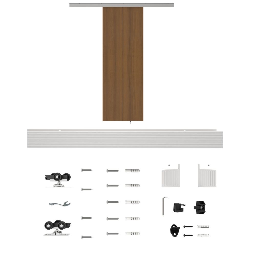 Complete 900x2100mm flat barn door set with PVC wood grain finish and hardware, including tracks, rollers, and installation accessories for stylish interior doors.