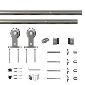 High-quality stainless steel sliding barn door hardware kit with rails, rollers, and mounting accessories for single heavy-duty doors. Durable and easy to install.