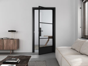 Contemporary black-framed glass door in a minimalist living room with neutral tones, natural light, and modern decor, showcasing Tengyu's stylish and functional door solutions.
