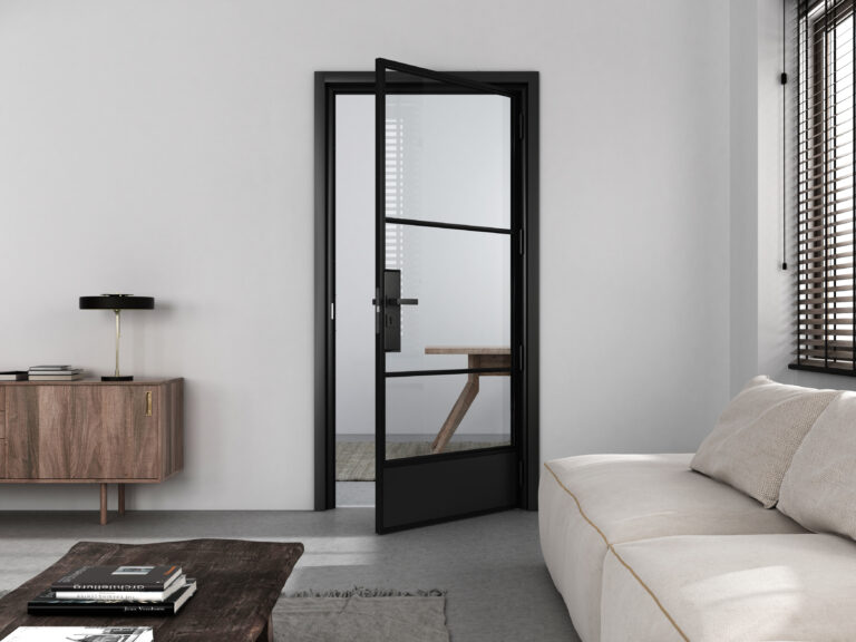 Contemporary black-framed glass door in a minimalist living room with neutral tones, natural light, and modern decor, showcasing Tengyu's stylish and functional door solutions.