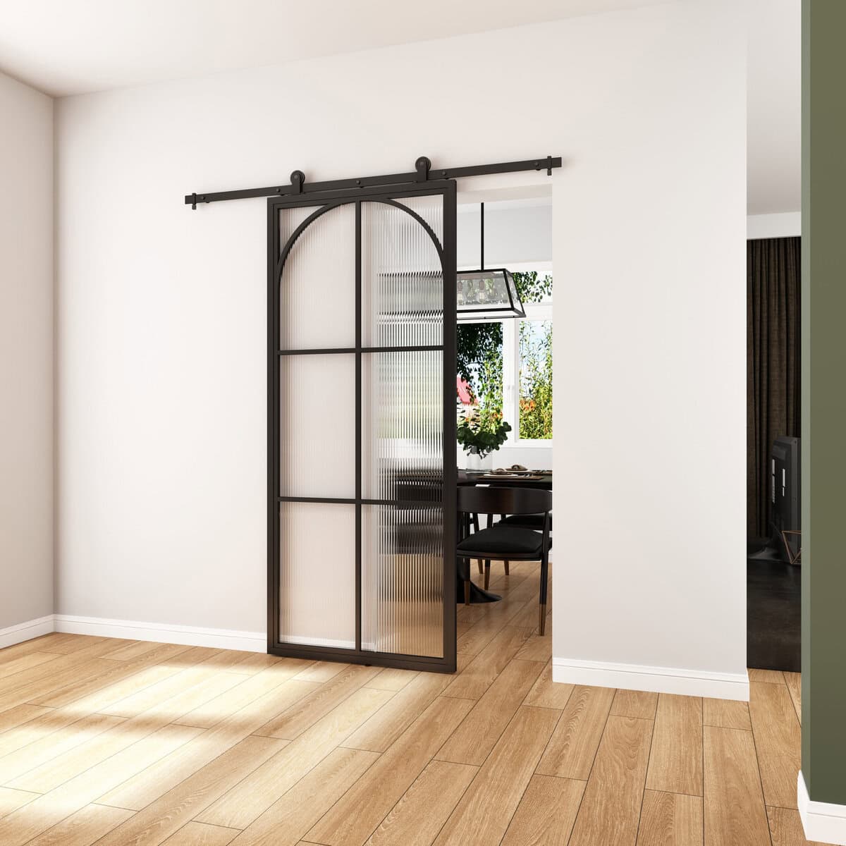 Elegant black Versaille barn door with frosted glass panels, perfect for modern interiors. Easy to install, measuring 84 in x 36 in, ideal for space-saving room dividers or stylish entryways.