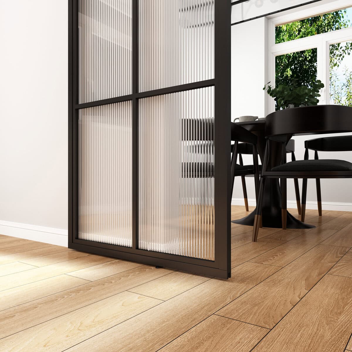 Black Versaille barn door with textured glass panels, measuring 84 inches by 36 inches, designed for easy installation and modern interior decor.