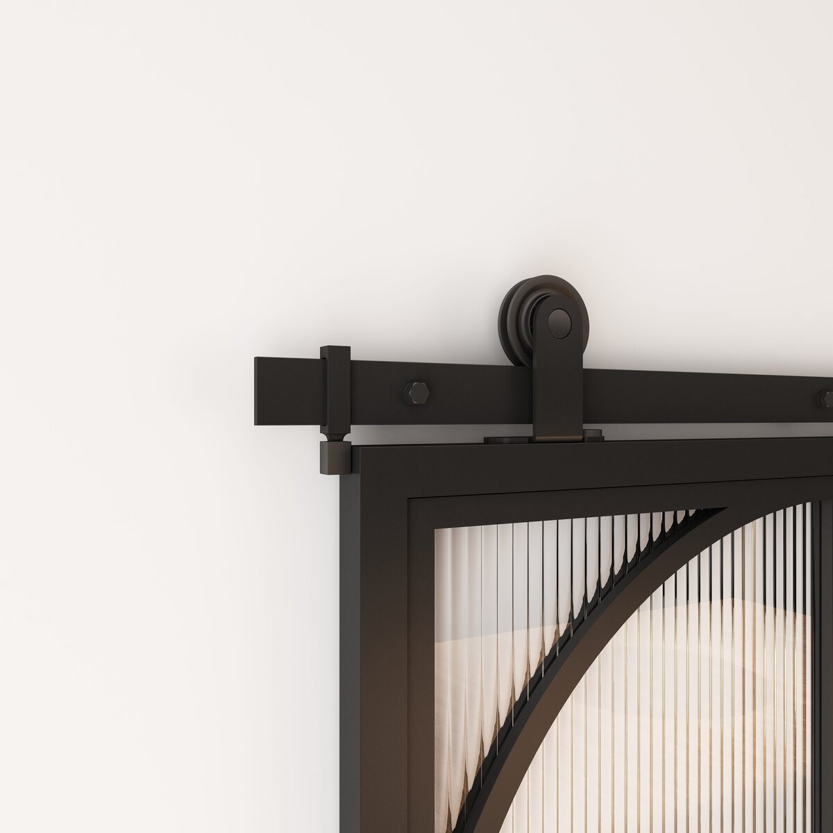 Close-up of a black Versaille barn door kit installed on a 84x36 inch opening, showcasing the sleek sliding mechanism and modern design.
