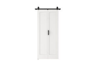 Elegant white primed bifold door with black hardware, ideal for modern interiors. Surface ready for assembly, perfect for space-saving door solutions in residential or commercial settings.