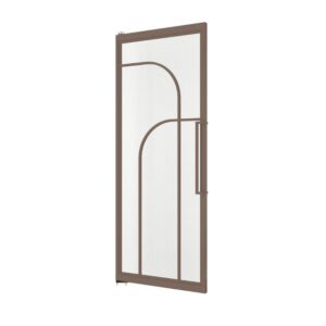 Modern steel and tempered glass pivot door with sleek design, ideal for interior spaces, featuring a carbon steel frame and large glass panels.