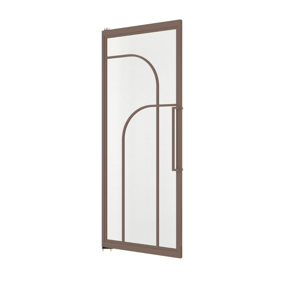 Modern steel and tempered glass pivot door with sleek design, ideal for interior spaces, featuring a carbon steel frame and large glass panels.
