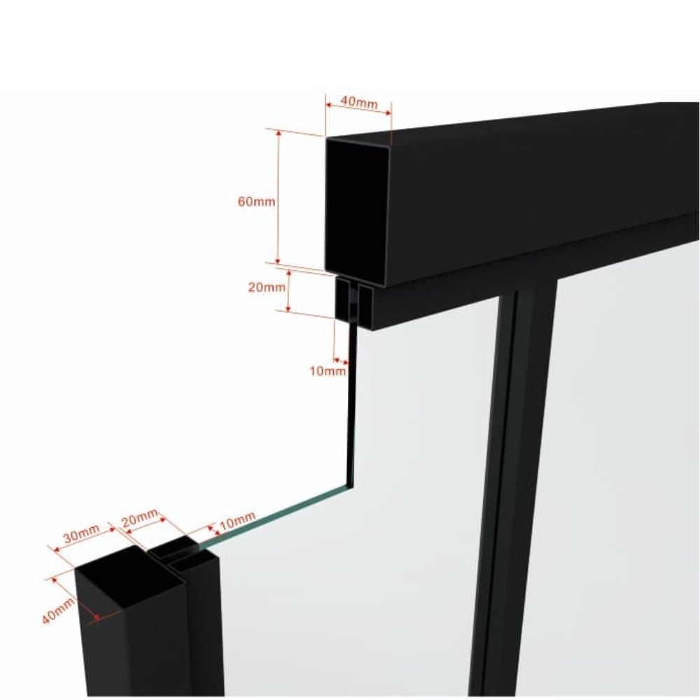 Close-up of steel glass pivot door frame with dimensions including 40mm, 60mm, 20mm, and 10mm measurements for interior door design.