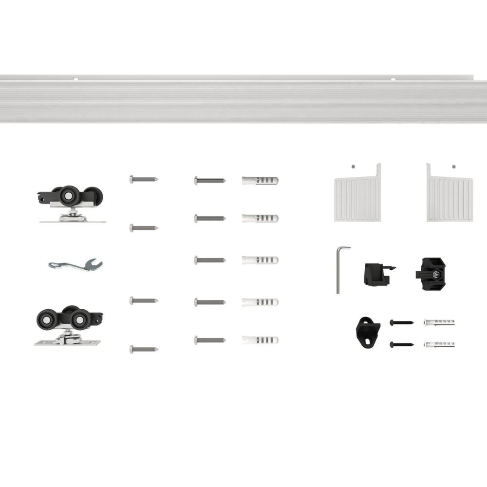 Detailed view of barn door hardware including rollers, brackets, and screws for 900x2100mm flat barn doors with PVC wood grain finish.