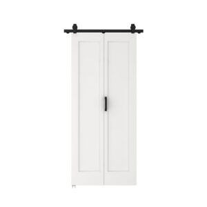 White primed finish bifold door with black hardware and sliding track, ideal for interior spaces, assembly required.